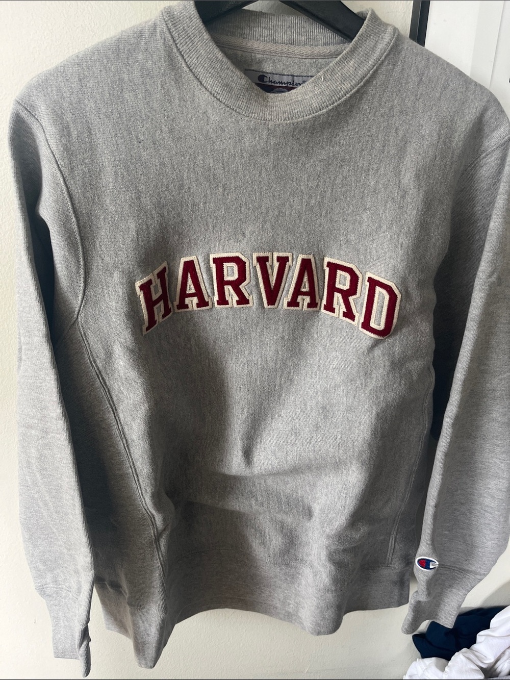 Champion Gray Crewneck Sweatshirt with Maroon Harvard Appliqué